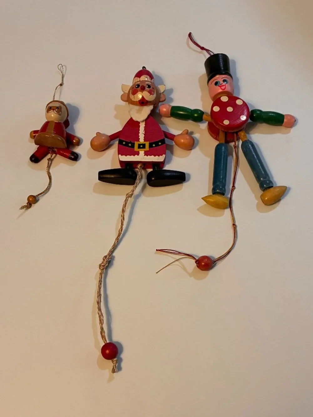 Trio of Vintage Wooden pull-string Marionette Christmas Ornaments